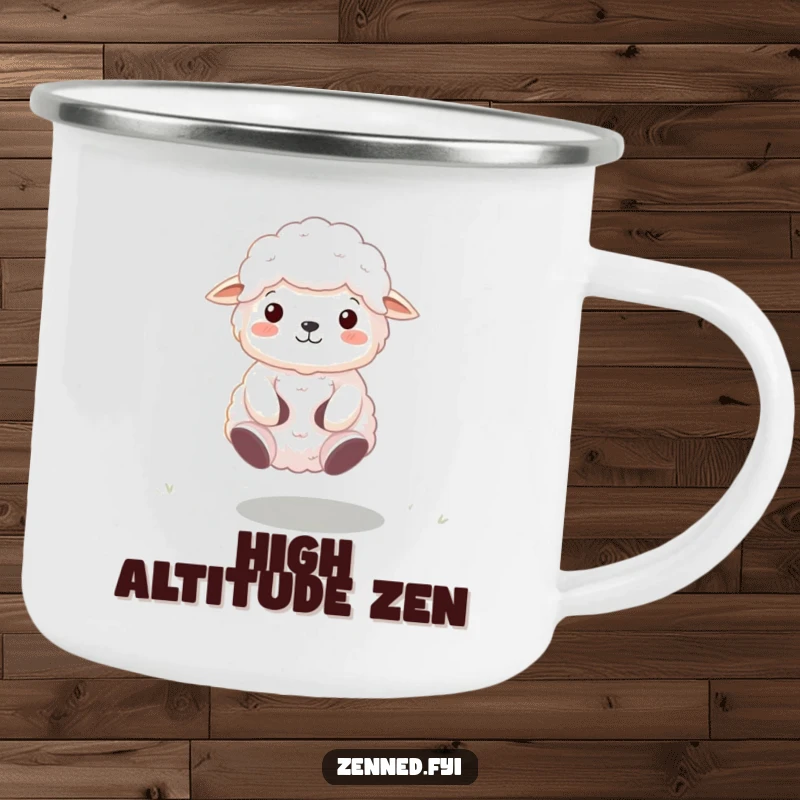 Funny Zen Sheep Camping Mug featuring a meditating sheep floating peacefully, perfect for outdoor drinks with a touch of whimsy.