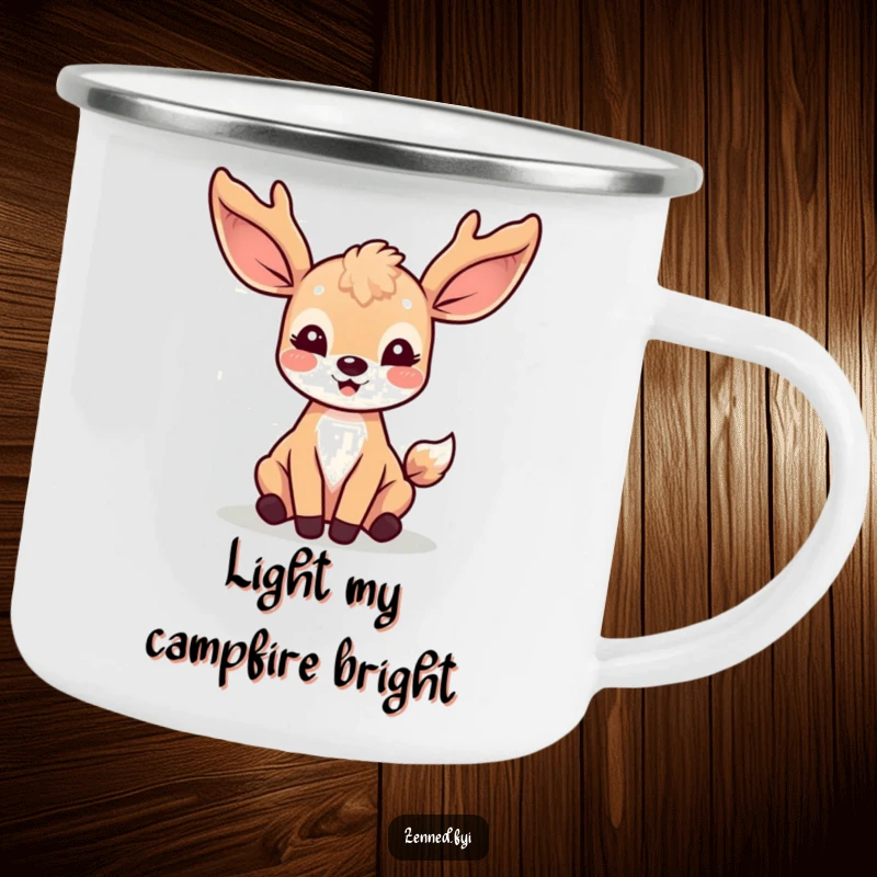 Funny Kawaii Deer Camping Mug: A sturdy mug featuring a joyful deer surrounded by soft light rays, perfect for outdoor enchantment.