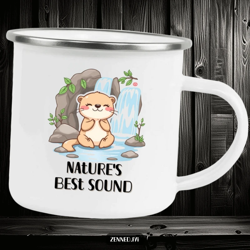 Funny otter camping mug with a playful character meditating happily beside a miniature flowing waterfall, for peaceful outdoor moments.