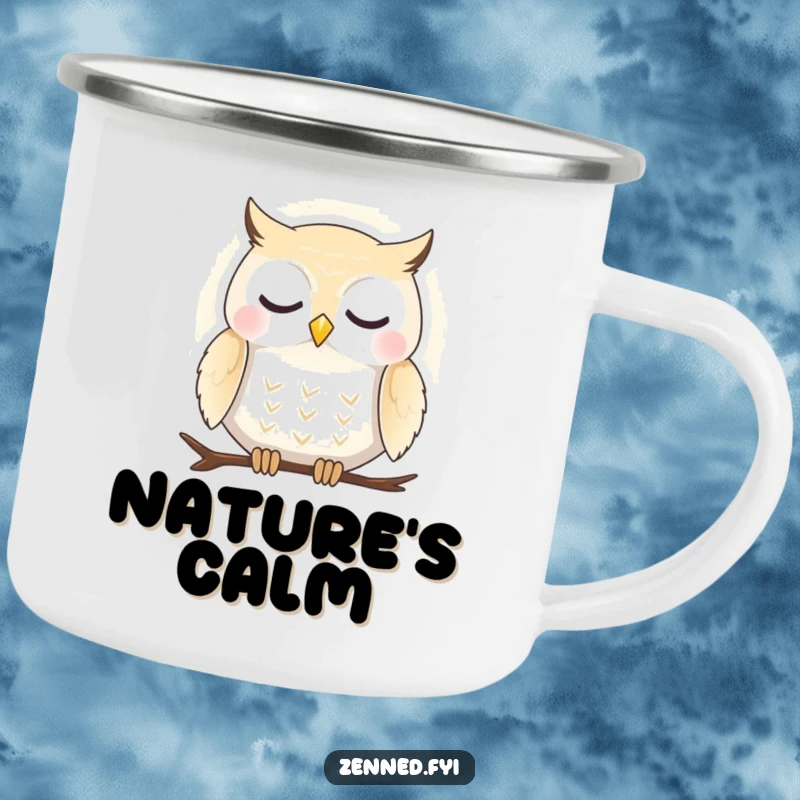Funny camping mug with a peaceful owl in a gentle aura, great for enjoying drinks during serene outdoor moments.