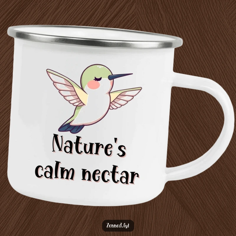 Funny hummingbird calm camping mug, a creature hovering motionlessly, radiating peace, durable and humorous for outdoors.