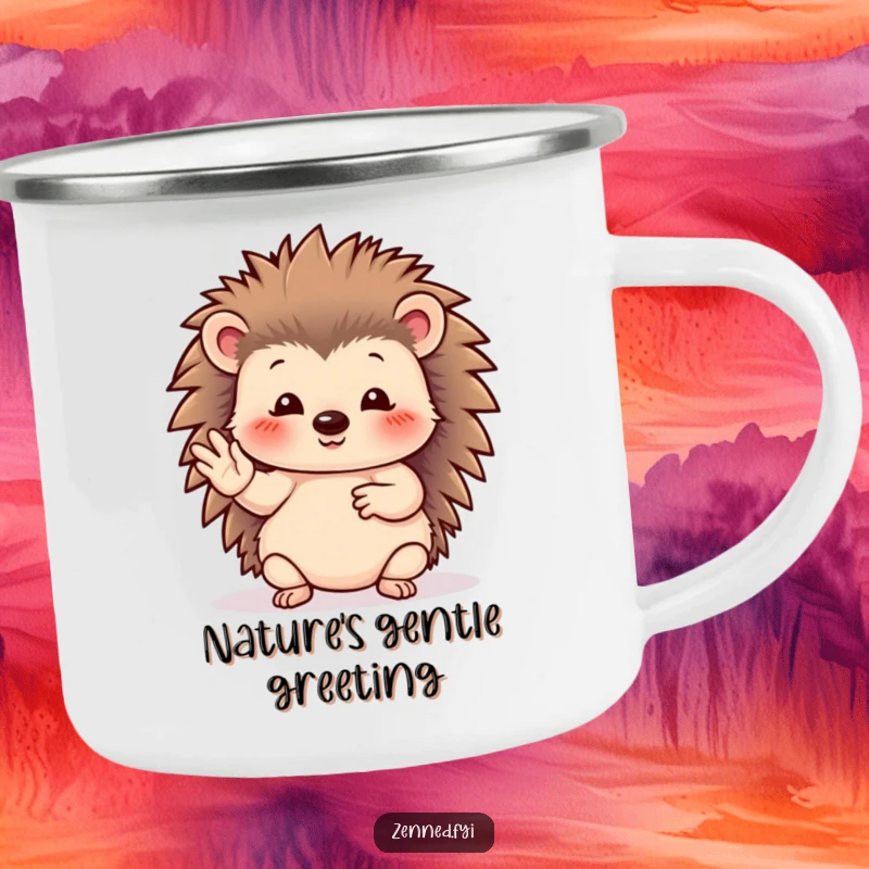 Funny hedgehog camping mug featuring a serene creature in a graceful hand gesture, perfect for outdoor enthusiasts.