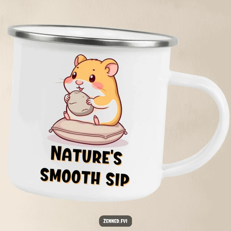 Funny hamster camping mug featuring a content hamster on a cushion, holding a smooth stone, perfect for tranquil outdoor moments.