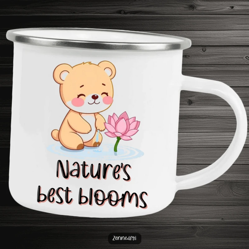 Funny Bear Cub Camping Mug: Giggling cub waters a lotus, a humorous and sturdy mug for outdoor charm.