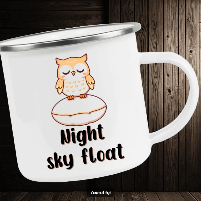 Funny camping mug featuring a peaceful owl character gently floating a few inches above a smooth, round cushion.