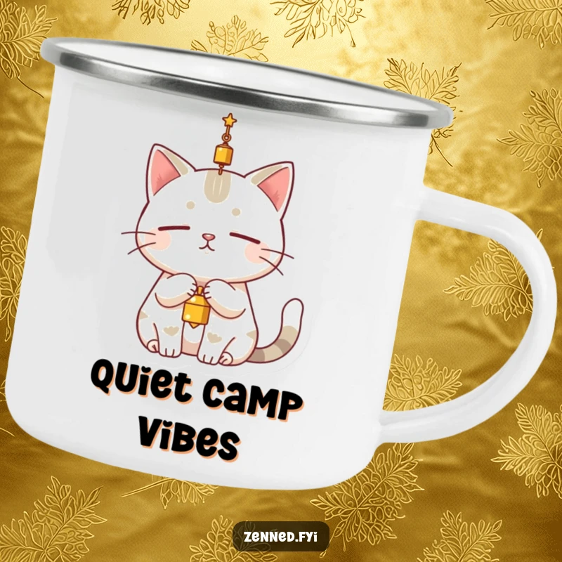 Funny cat camping mug with a serene character completely still, dangling a small bell above its head, for calm outdoor humor.
