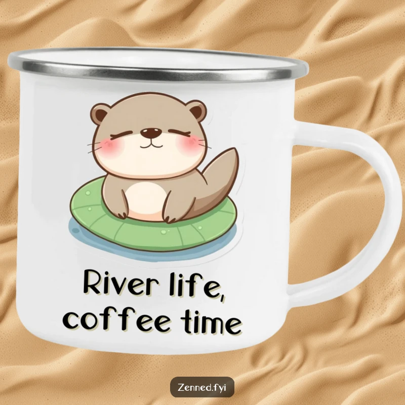 Funny otter lily pad camping mug with a content otter floating serenely on a lily pad, perfect for outdoor drinks.