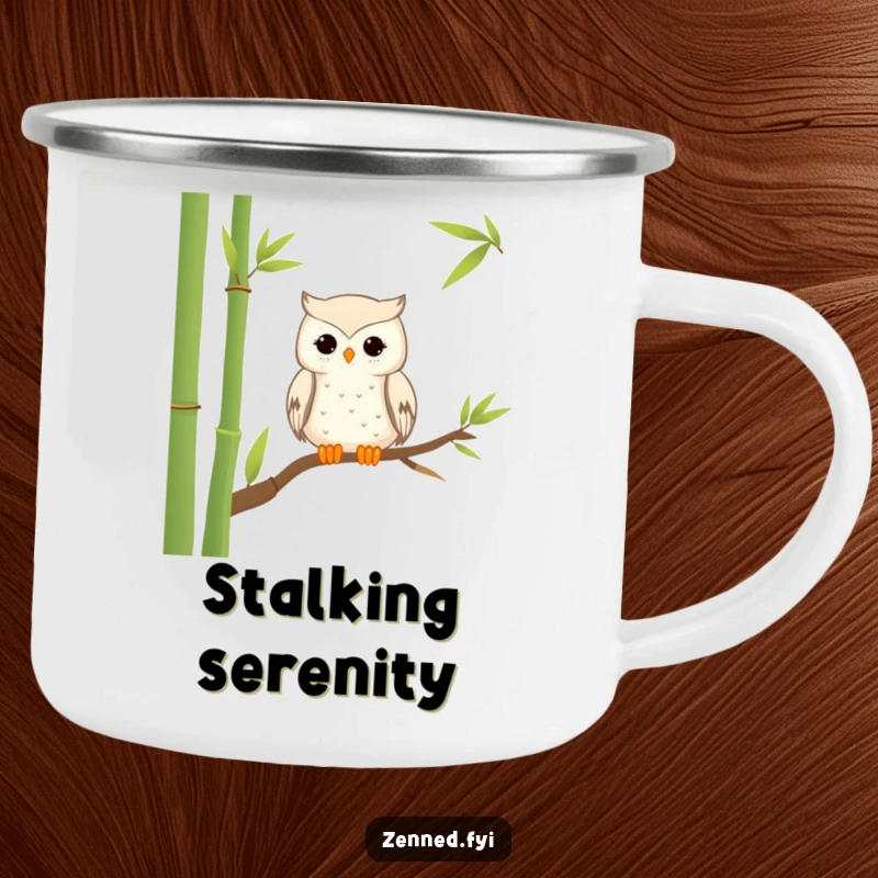 Funny Camping Mug: A tranquil owl perched peacefully on bamboo, perfect for outdoor zen and humor.