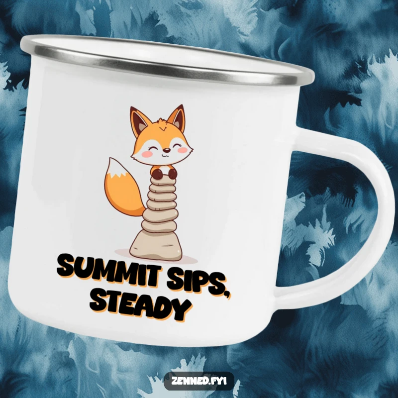 Funny Fox Camping Mug: Cheerful fox balances stone cairns, a humorous and sturdy mug for outdoor trips.