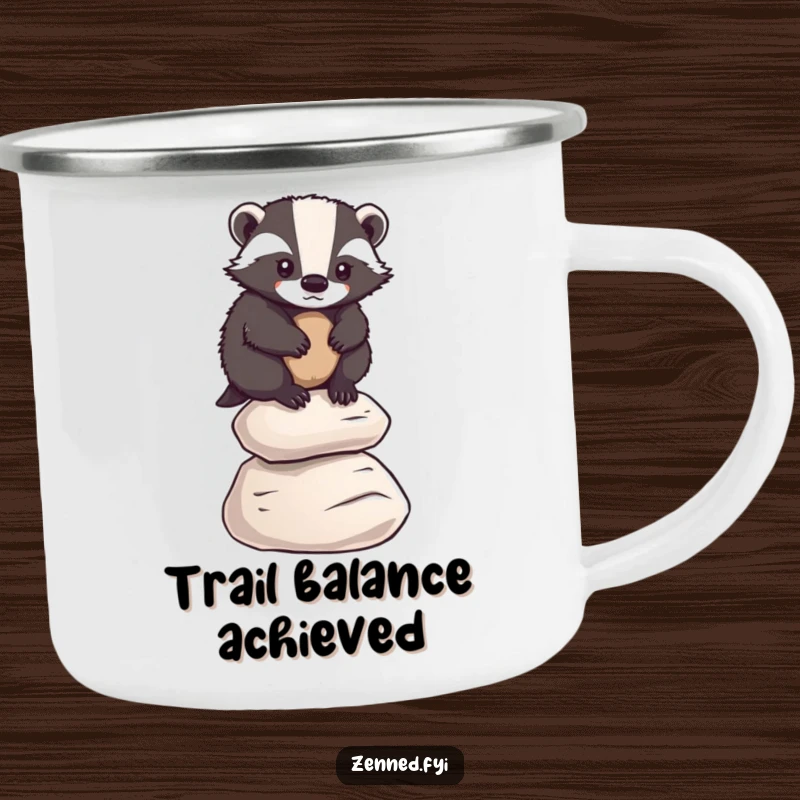 Funny badger balancing on pebbles, depicted on a sturdy camping mug, symbolizing determination, funny gift.