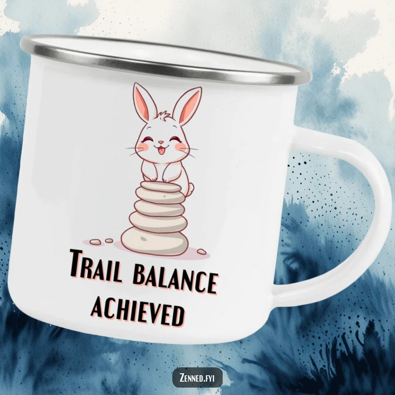 Funny rabbit balancing stones on a sturdy camping mug, perfect for outdoor funny gifts.