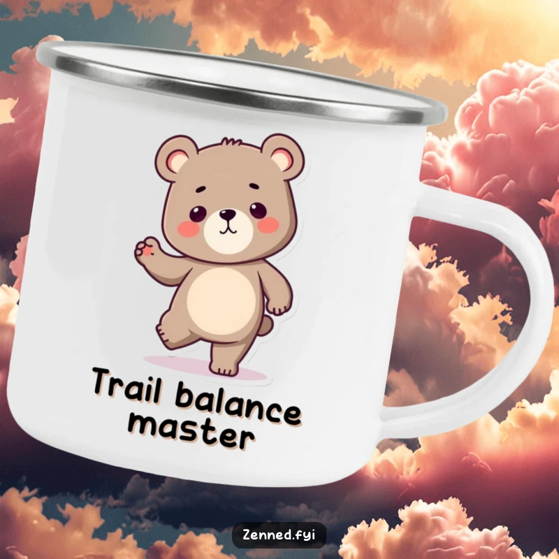 Funny Kawaii bear camping mug featuring a determined character balancing on one leg, perfect for outdoor use and a humorous motivational gift.