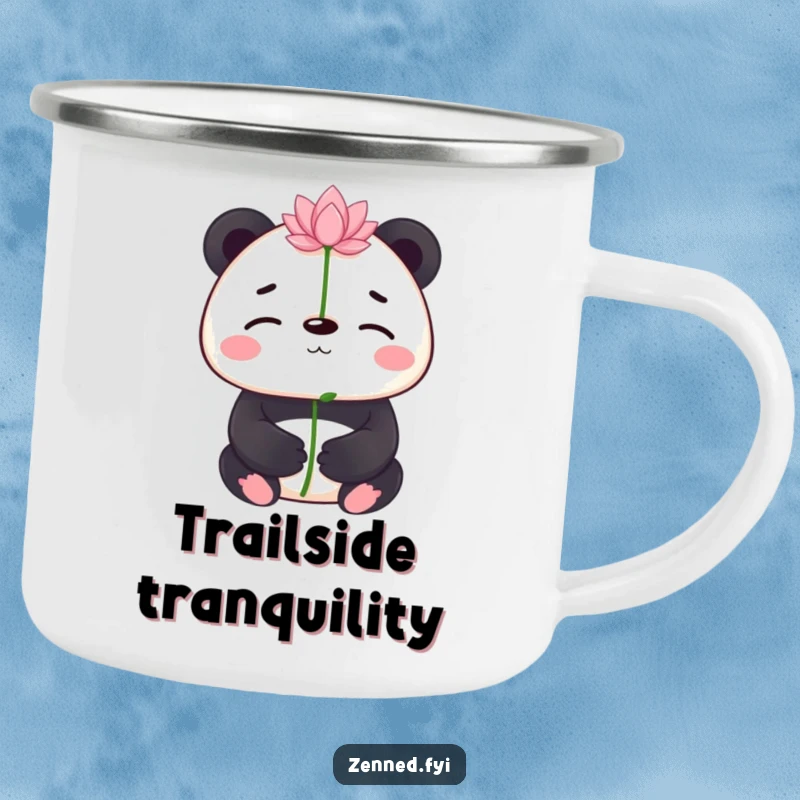 Funny panda balancing a lotus flower on its nose on a sturdy camping mug, perfect for serene moments and a funny gift.