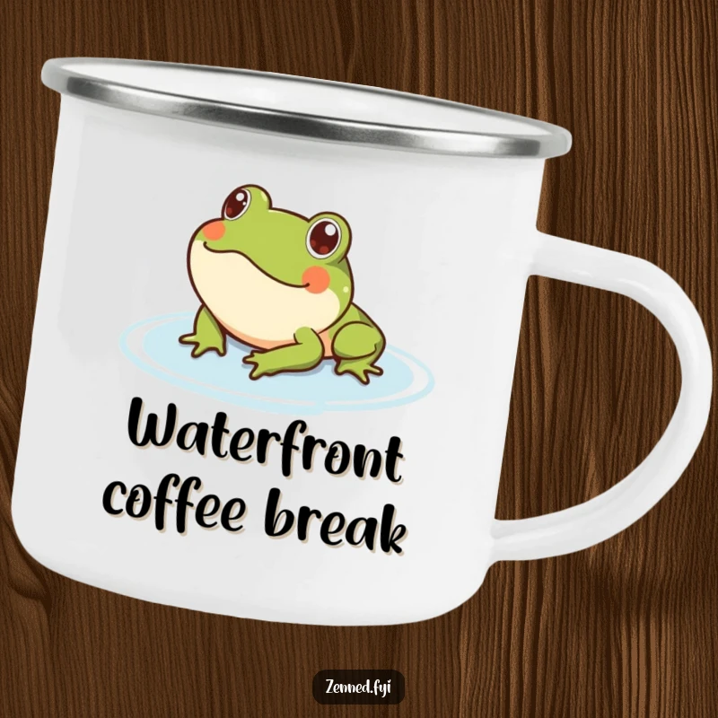 Funny frog camping mug featuring a content frog floating serenely on water. Ideal for outdoor enjoyment and relaxation.