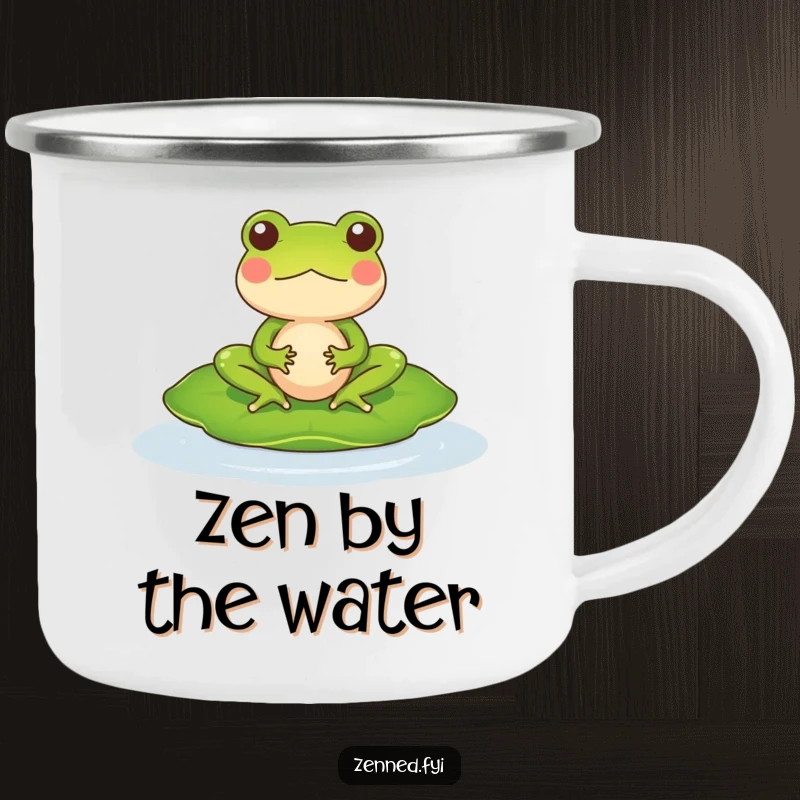 Funny Camping Mug featuring a meditating frog character on a lily pad, ideal for hilariously zen outdoor sipping.