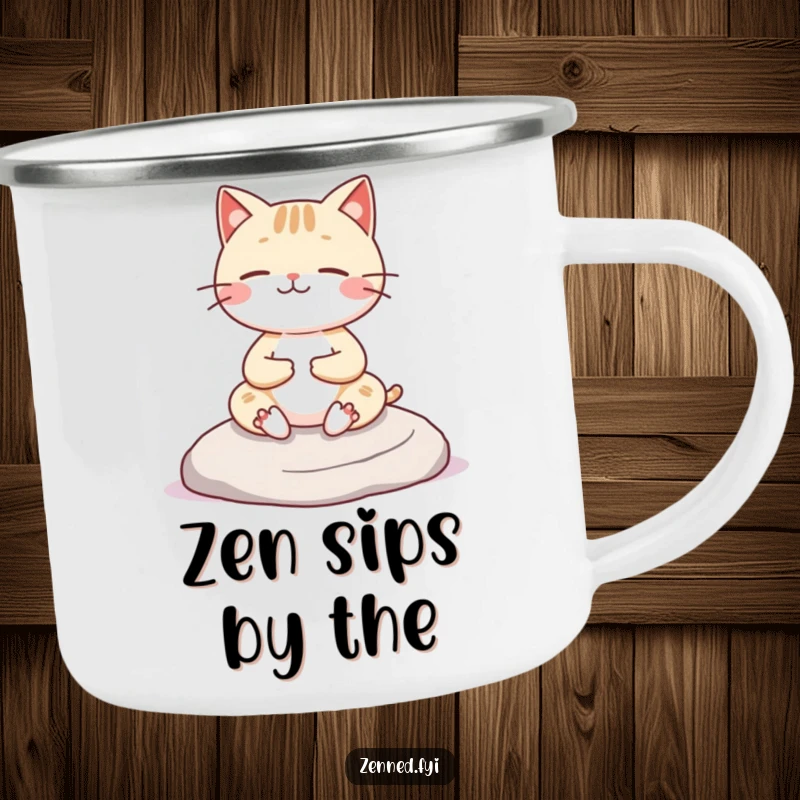 Funny Kawaii cat camping mug featuring a cheerful character meditating on a rock, designed for zen enjoyment outdoors, a fun gift.