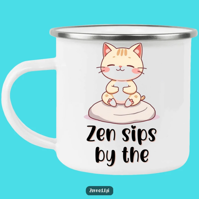 Funny Kawaii Cat Camping Mug: Cheerful Meditator, Zen Outdoor Gift