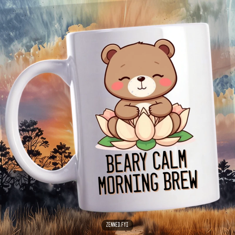 Funny happy bear meditating peacefully on a lotus flower in a serene setting on a mug, a great funny gift.