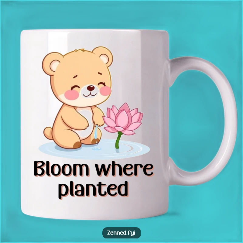 Spread joy with this funny bear cub mug, as it gently tends to a delicate lotus flower. A whimsical gift for plant lovers and smile seekers.
