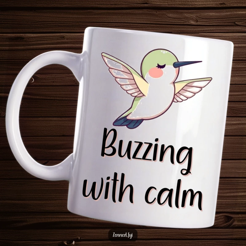 Funny hummingbird mug, a creature hovering motionlessly, radiating peace and calmness, perfect for tranquil moments.