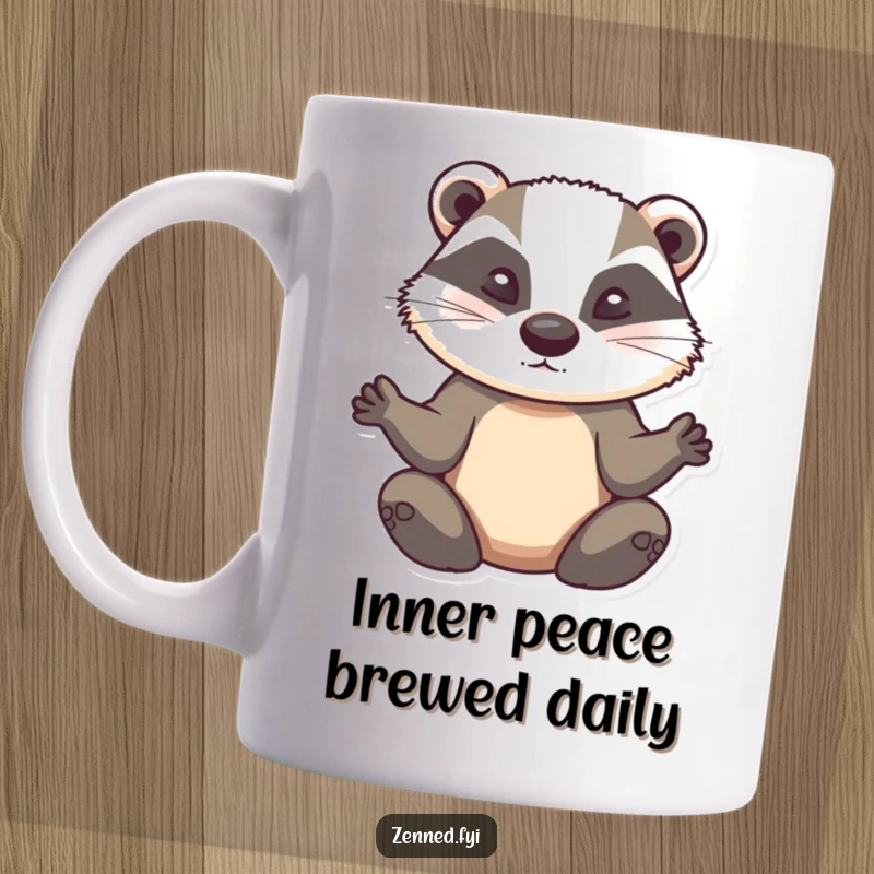 Funny meditating badger mug, a determined animal with serene, unwavering gaze, practicing zen and finding inner peace.