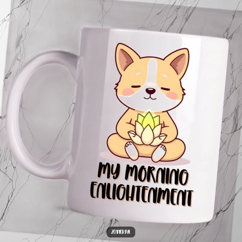 Funny Mug: A serene dog meditating peacefully with a small, smiling lotus flower, embodying canine enlightenment and humor.