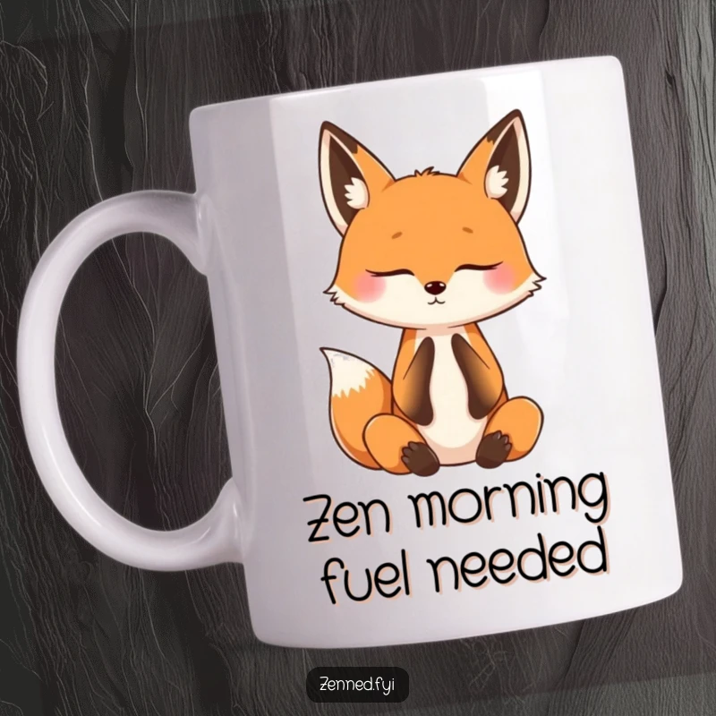 Funny mug with a curious fox practicing mindful breathing with its eyes shut, radiating peace and inner calm.