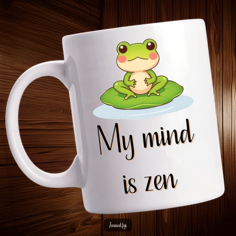 Funny Mug featuring a serene frog character meditating peacefully while floating on a lily pad, radiating pure zen.