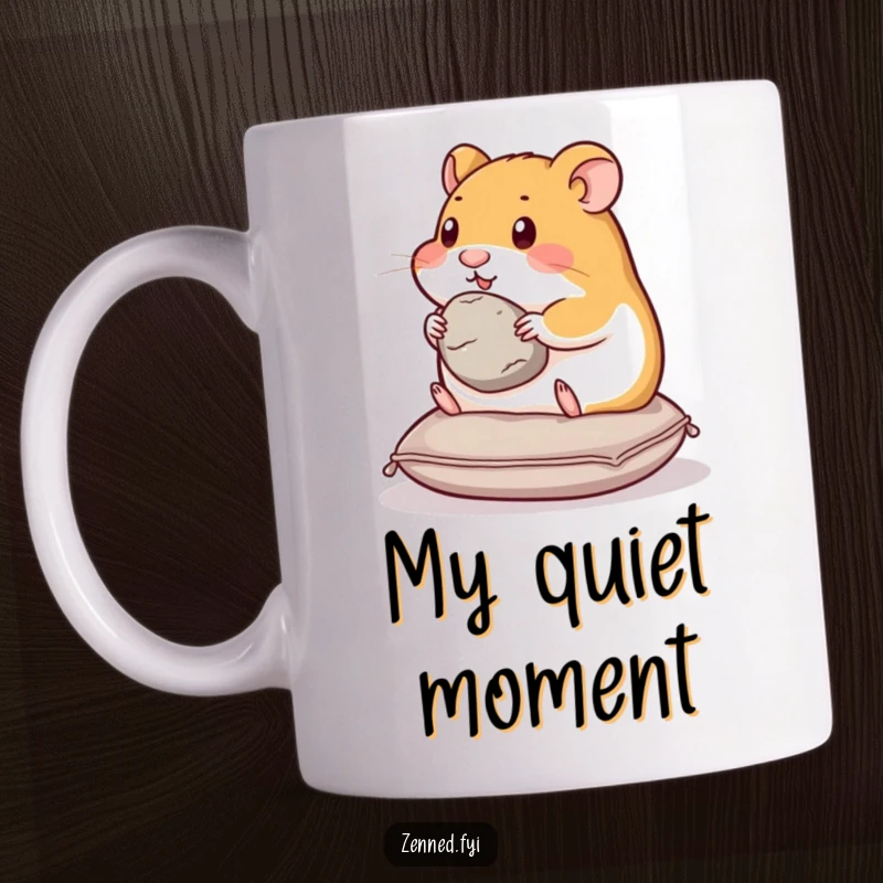 Funny hamster mug featuring a content hamster on a small cushion, peacefully holding a smooth stone, radiating tranquility.