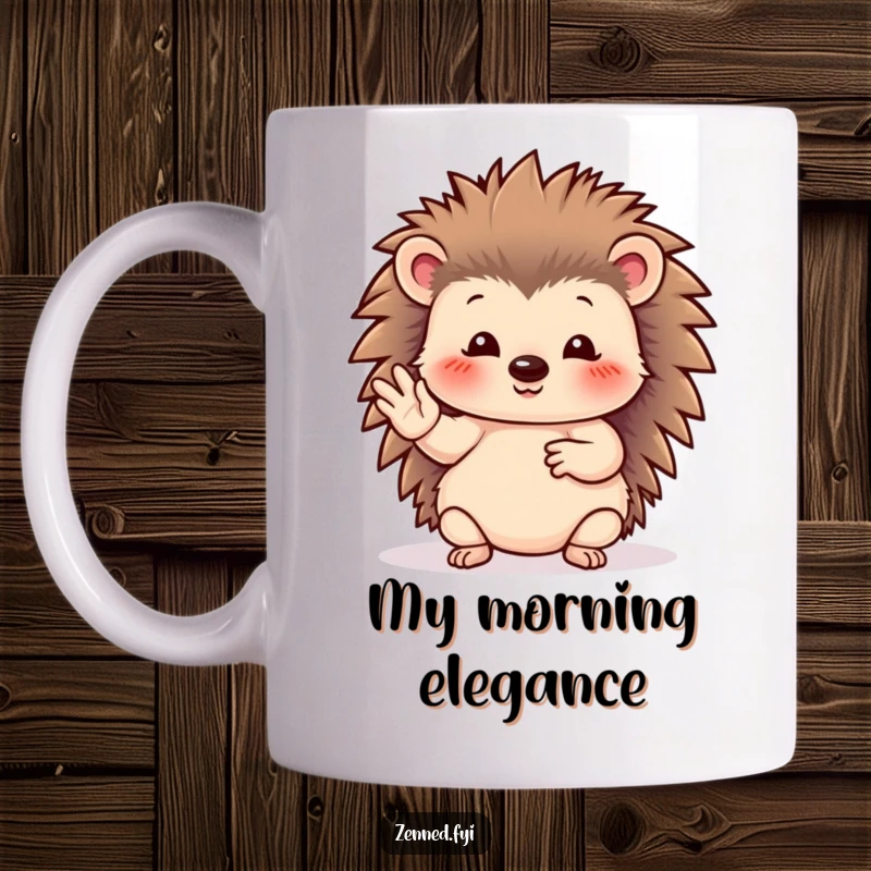 Funny hedgehog mug showing a serene creature performing a graceful hand gesture, evoking peace and gentle humor.