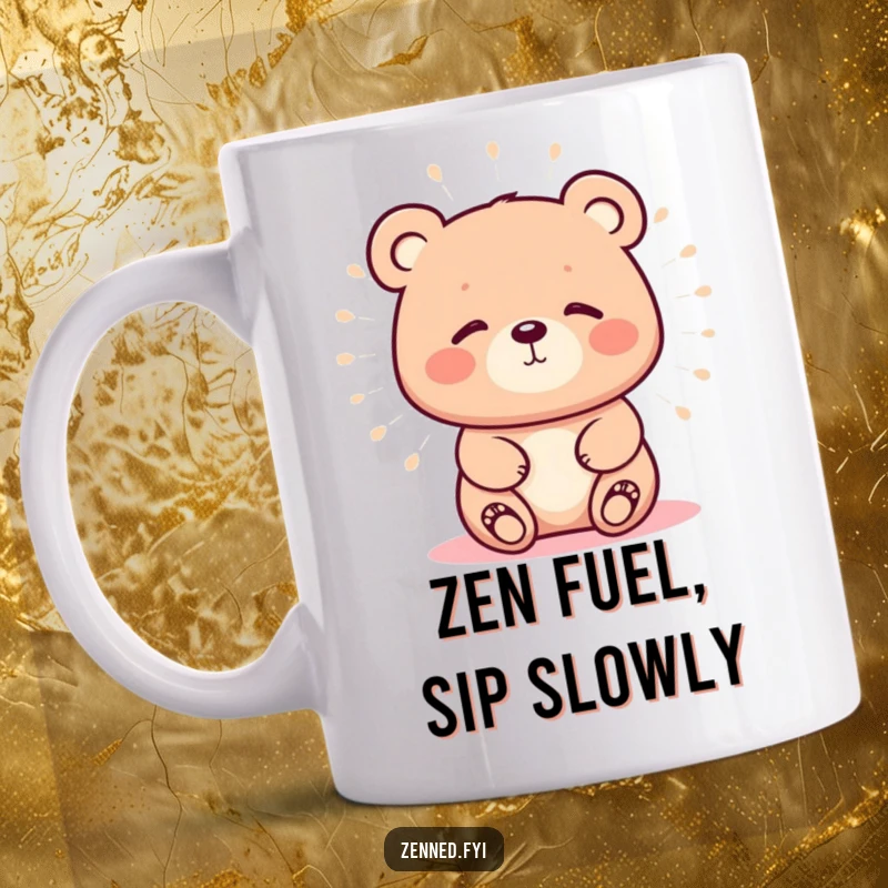 Funny mug showing a kawaii bear radiating peaceful calm with a soft aura, ideal for a zen and humorous gift.