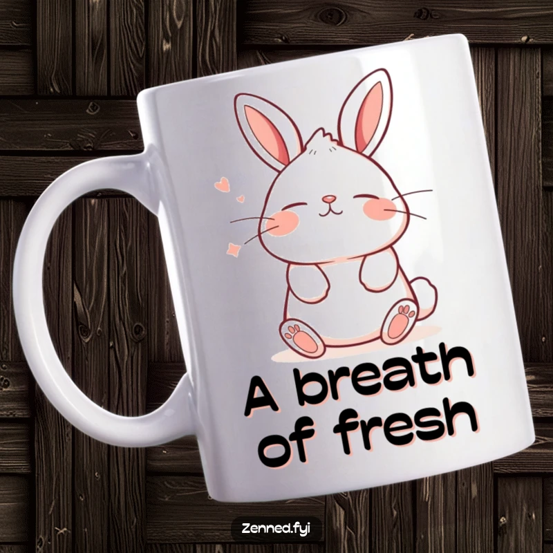 Funny mug featuring a cute, kawaii bunny with its eyes closed and a tranquil expression, breathing deeply.