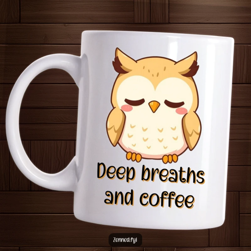 Funny Kawaii Owl Mug: A curious owl character with a gentle smile takes a deep, calming breath, perfect for your morning brew.