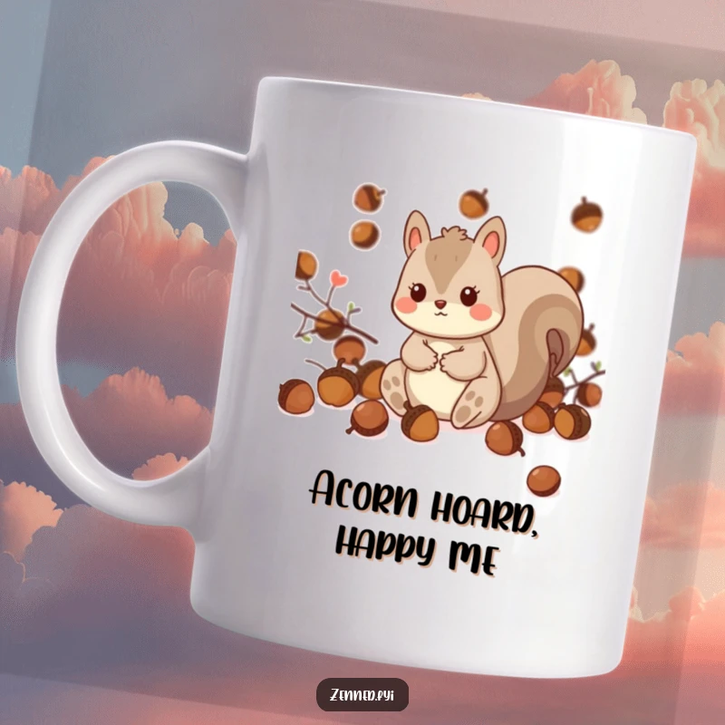 Funny Kawaii Squirrel Mug: A playful squirrel character sits happily surrounded by acorns, ready to hold your favorite warm beverage.