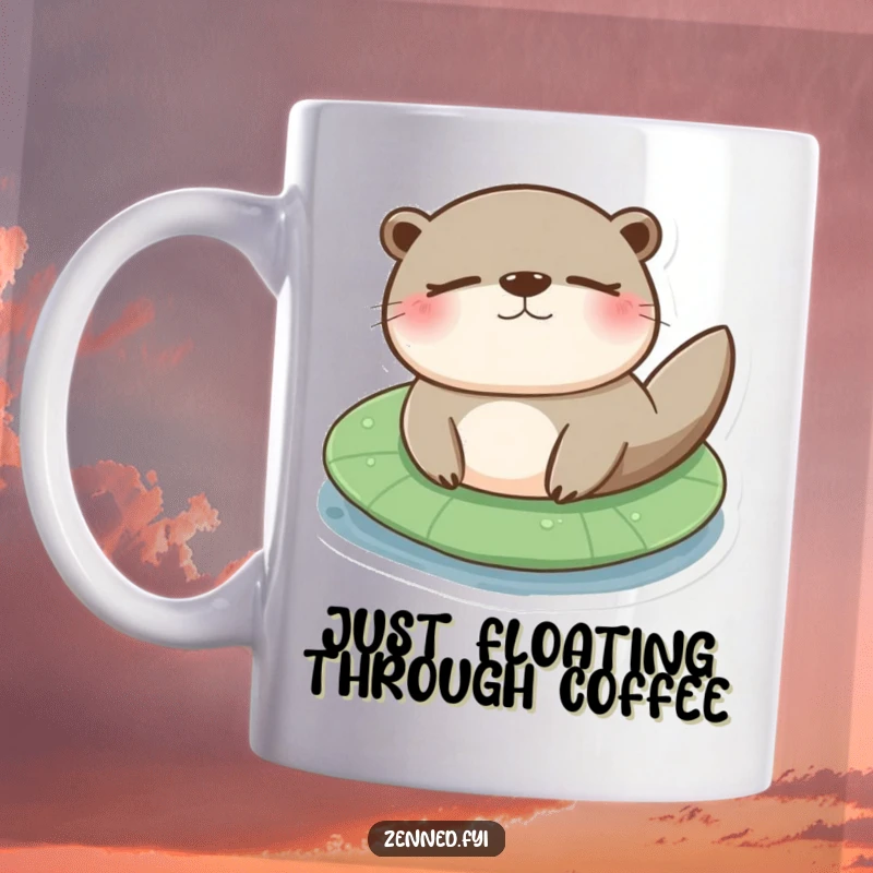 Funny otter lily pad mug featuring a content otter floating serenely on a lily pad with closed eyes, embodying pure bliss.