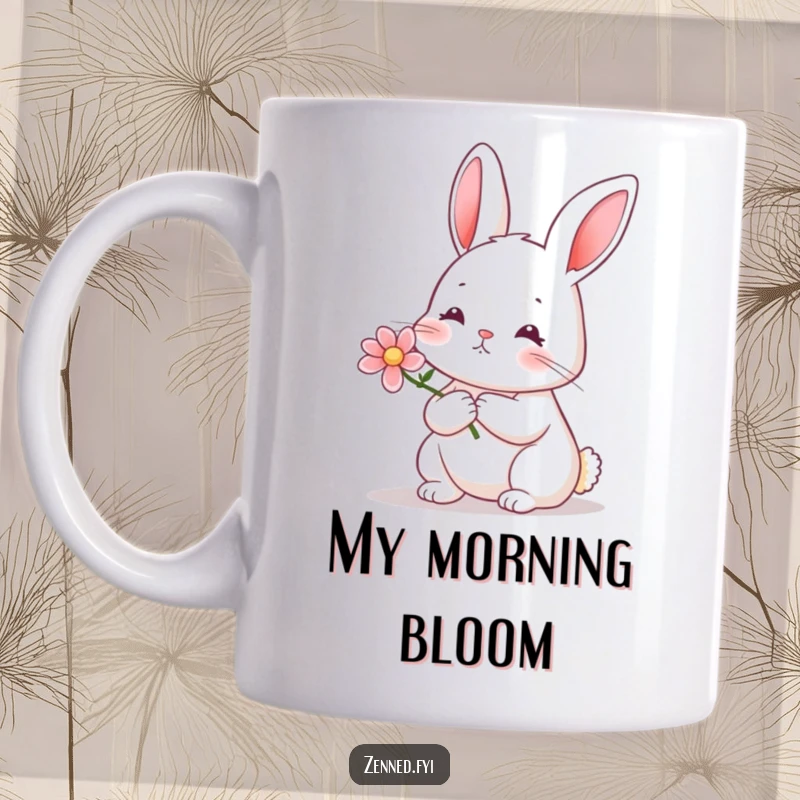 Funny rabbit flower mug featuring a serene rabbit holding a small blooming flower with a calm and gentle expression.
