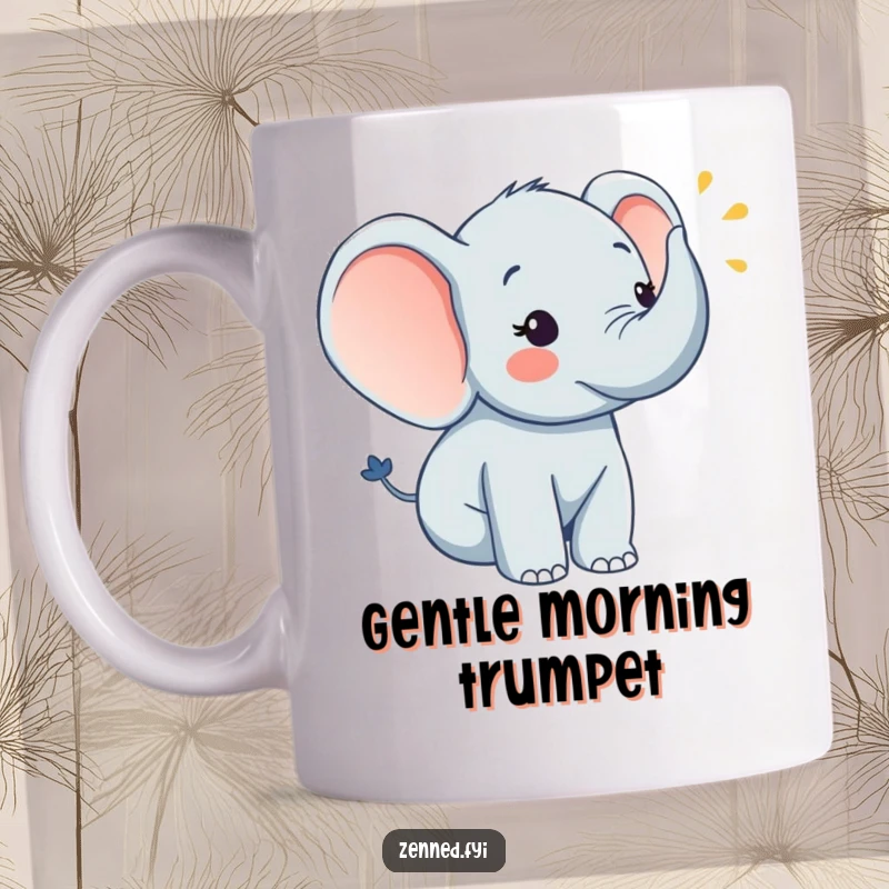 Funny cheerful elephant gently blowing a serene horn on a mug, a fantastic funny gift.