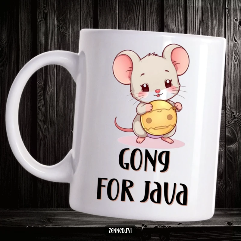 Funny mug featuring a playful mouse tapping a small gong with a tiny mallet, evoking a sense of joy and sound.