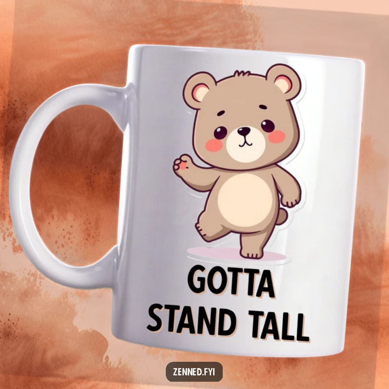 Funny Kawaii bear mug featuring a determined character balancing on one leg, symbolizing focus and strength, perfect for gifting.