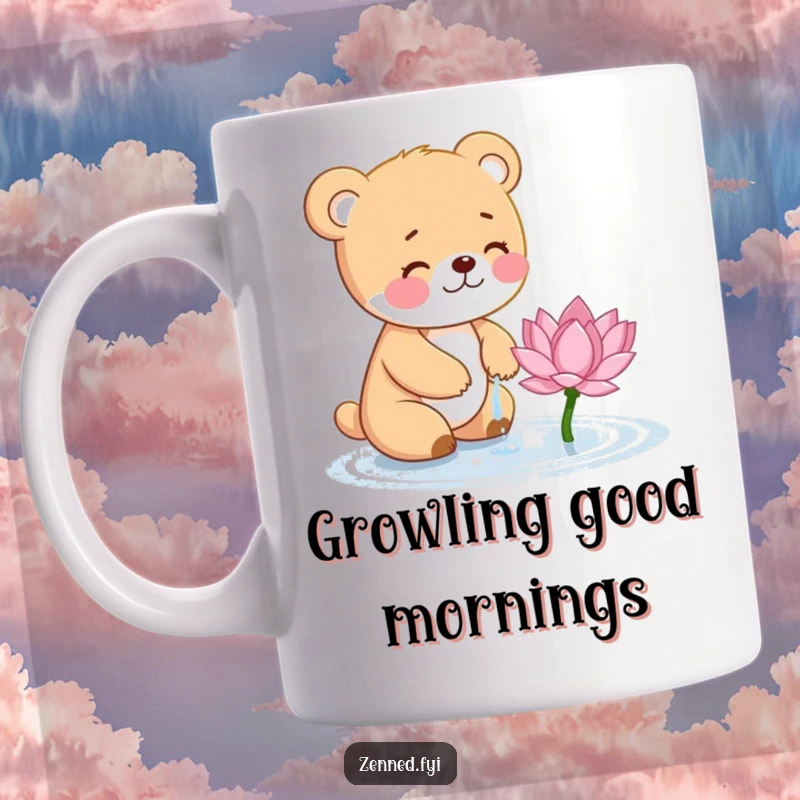 Funny Bear Cub Mug: A small, giggling bear cub tenderly waters a delicate, blooming lotus flower.