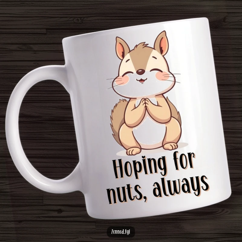 Funny Mug: A peaceful squirrel clasped hands in prayer, looking upwards with a serene expression, embodying ultimate zen.