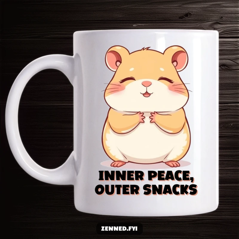 Funny contented hamster mug showing a meditating hamster with tiny hands pressed together, embodying peace and mindfulness in a humorous way.