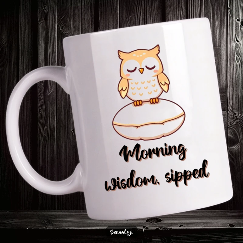 Funny mug with a peaceful owl character floating gently a few inches above a smooth, round cushion with a calm expression.