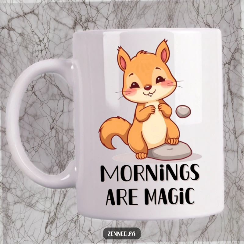 Funny mug with a playful squirrel gently levitating a tiny pebble, showcasing its mysterious and charming telekinetic abilities.