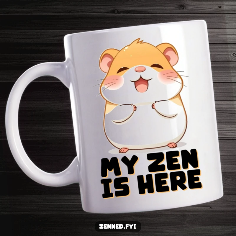 Funny Mug featuring a giggling hamster meditating with a tranquil, peaceful expression, radiating calm vibes.