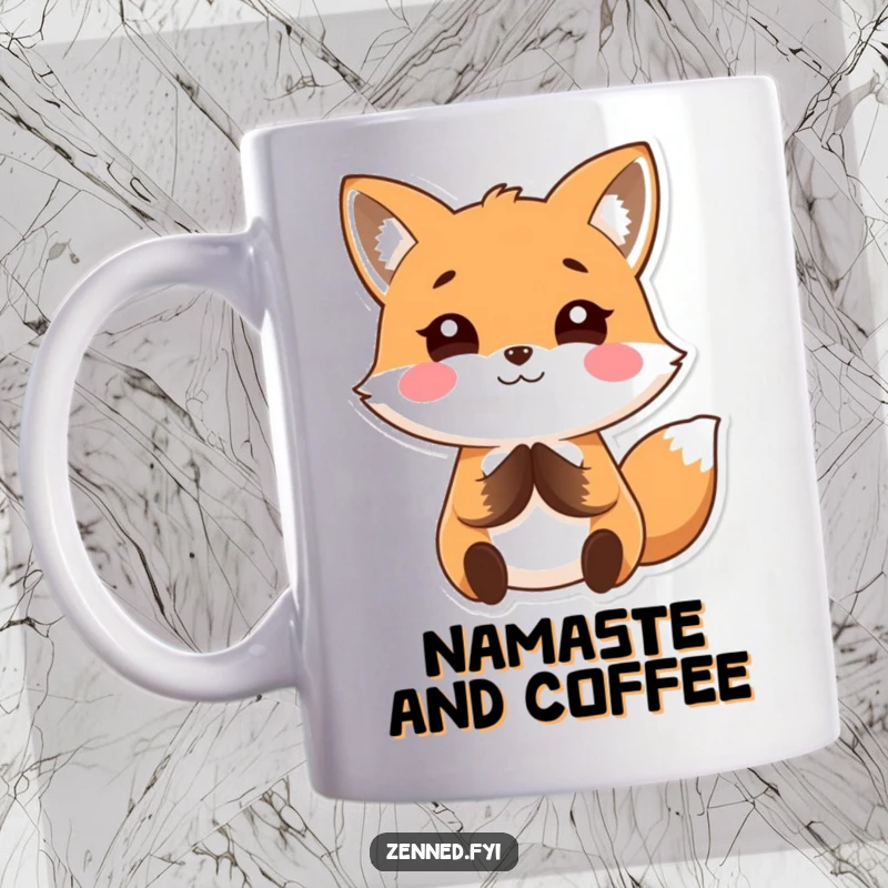 Funny Kawaii fox mug with a smiling character holding hands together in a calm, peaceful pose, perfect for relaxation and gifting.