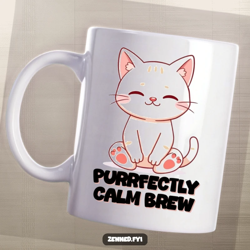 Funny cat meditation mug featuring a happy cat in a serene yoga pose with eyes closed and a gentle smile.