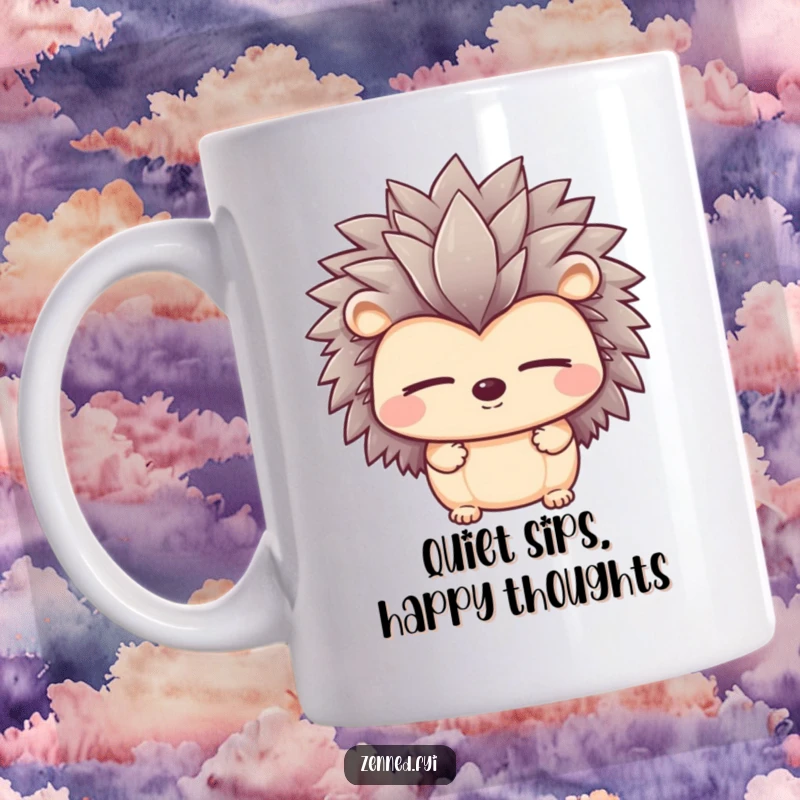 Funny mug featuring a peaceful hedgehog character with calm, closed eyes, embodying tranquility and gentle humor.