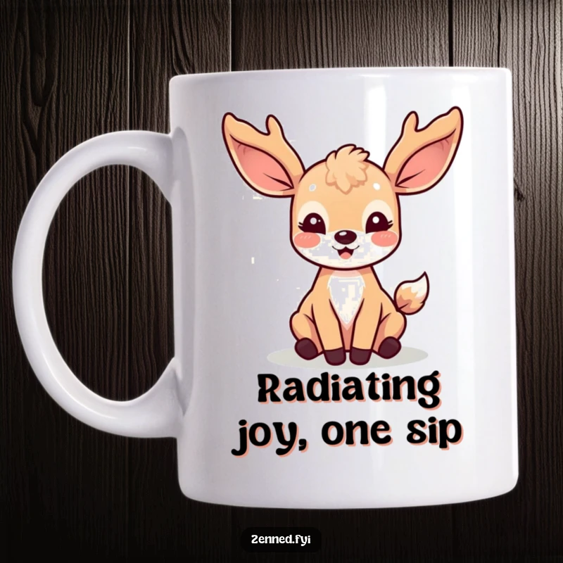 Funny Kawaii Deer Mug: A joyful deer character bathed in soft light rays, radiating happiness and gentle charm.