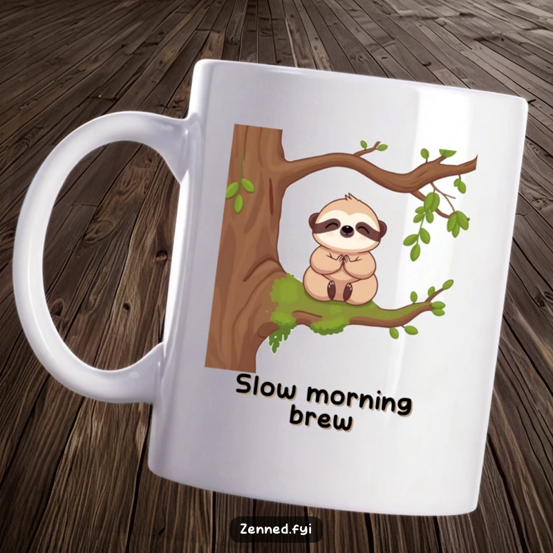 Funny mug featuring a cute, kawaii sloth meditating peacefully on a mossy branch, embodying calm and slow living.